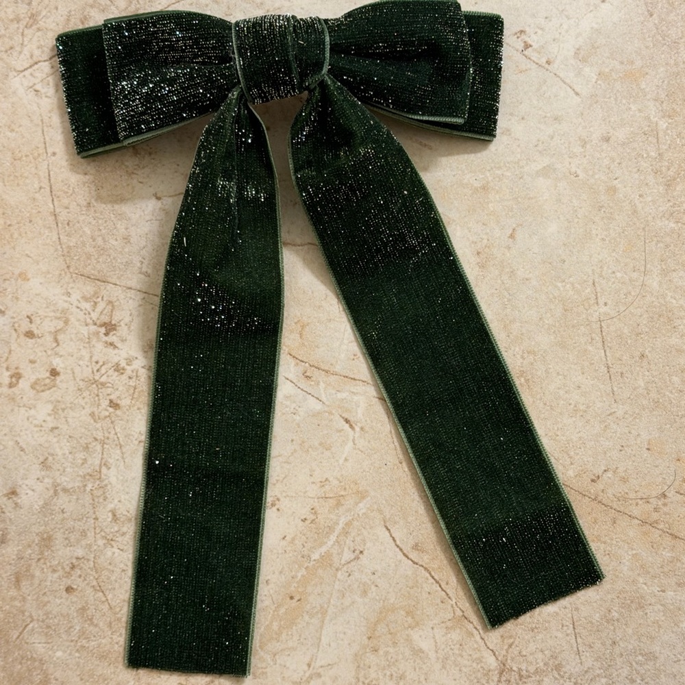 Emerald Green Velvet Hair Bow | Clip-On Ribbon Hair Accessory| Long Tail Ribbon